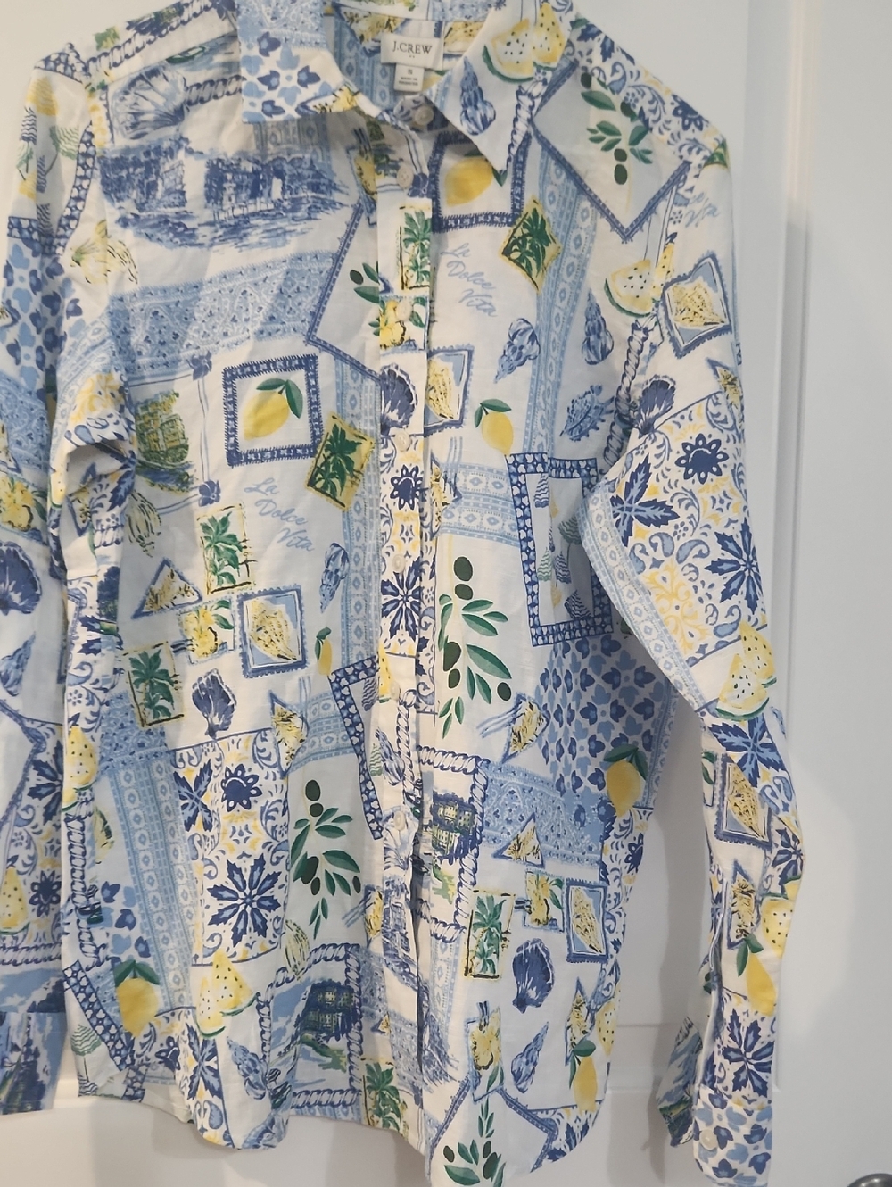 J. Crew Linen Blend Button Up Shirt Blue, Yellow & Green Floral Small